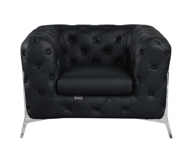 Italian Leather Tufted Chesterfield Chair - Black And Silver