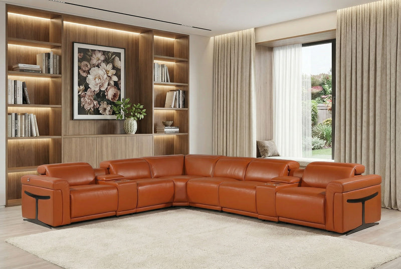 Italian Leather Modular L-Shaped Eight Piece Corner Sectional With Console - Camel