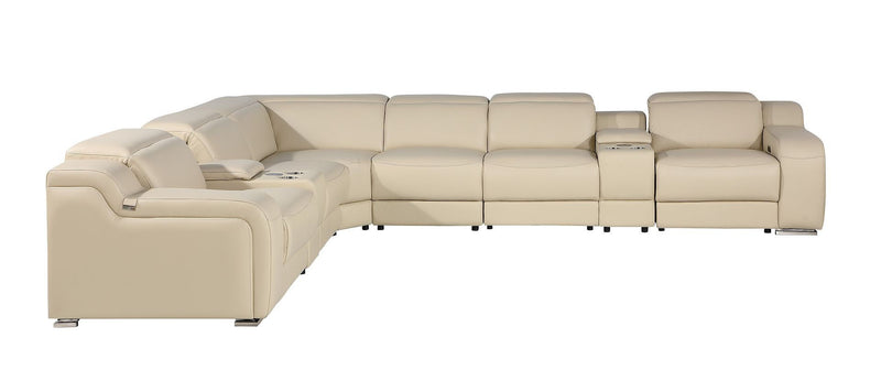 Italian Leather Power Reclining Curved Seven Piece Corner Sectional With Console - Beige