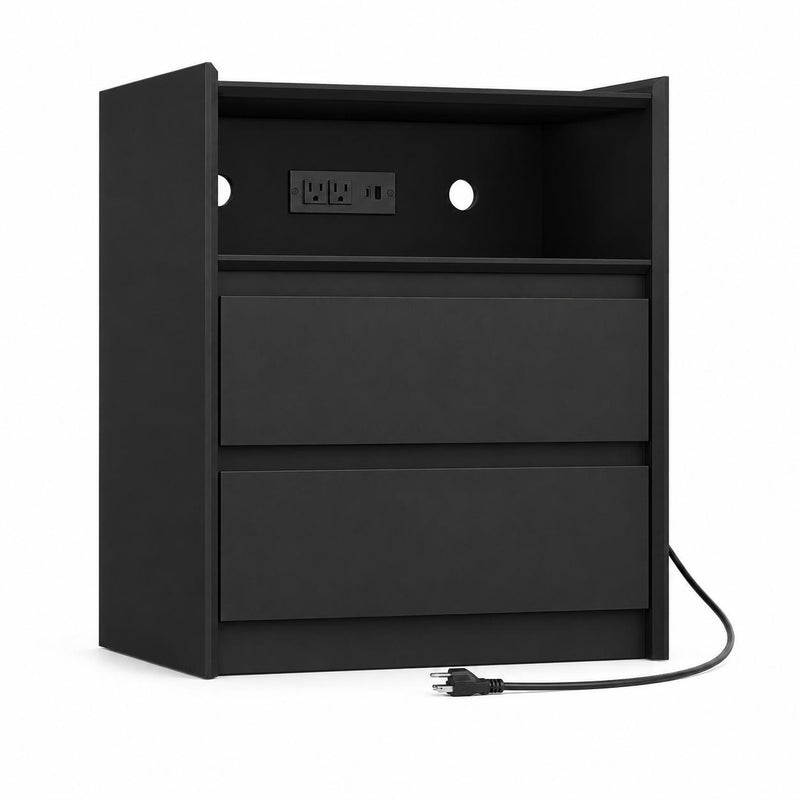 Wood Two Drawer Nightstand With USB Port And Integrated Tech (746971) - Black