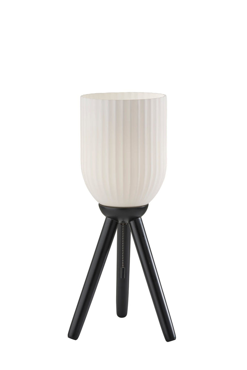 Solid Wood Tripod Table Lamp With White Ribbed Glass Shade - Black