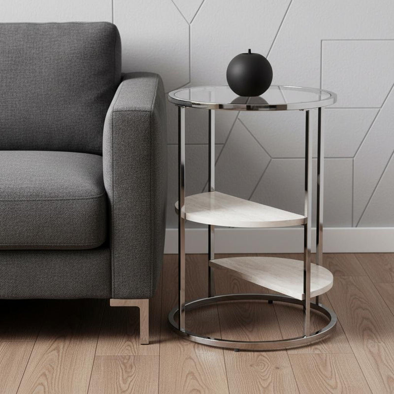 Metal Glass Faux Marble Round End Table With Two Shelves - Black