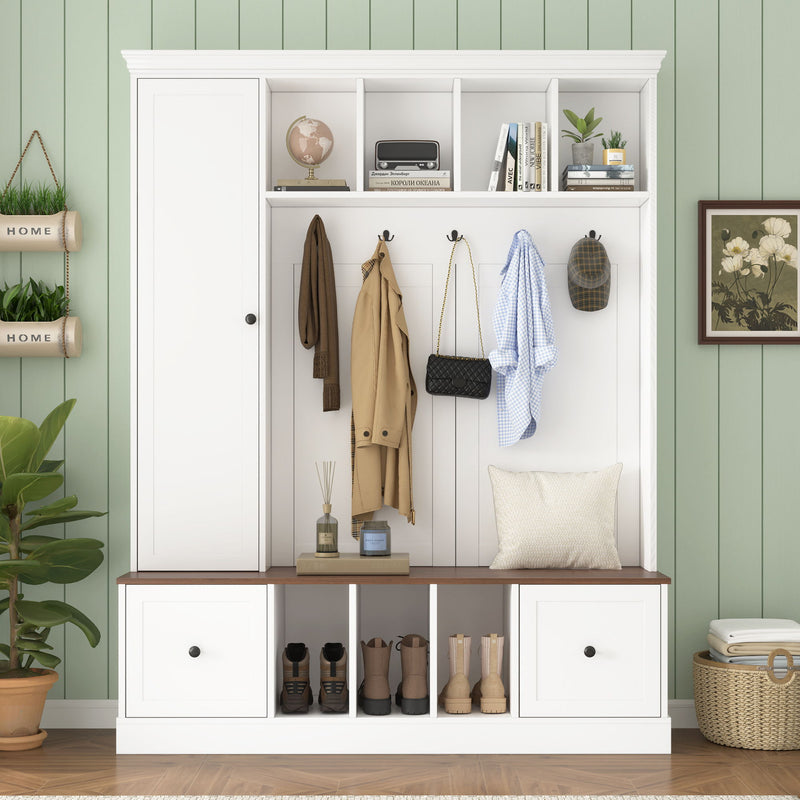 Hall Tree With Shoe Storage Bench, Entryway Coat Rack With 5 Hooks