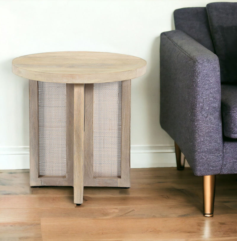Solid Wood And Rattan Round End Table - Natural