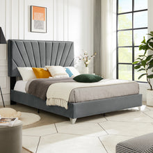 Load image into Gallery viewer, B108 Queen bed Beautiful line stripe cushion headboard , strong wooden slats + metal support feet, Gray Flannelette
