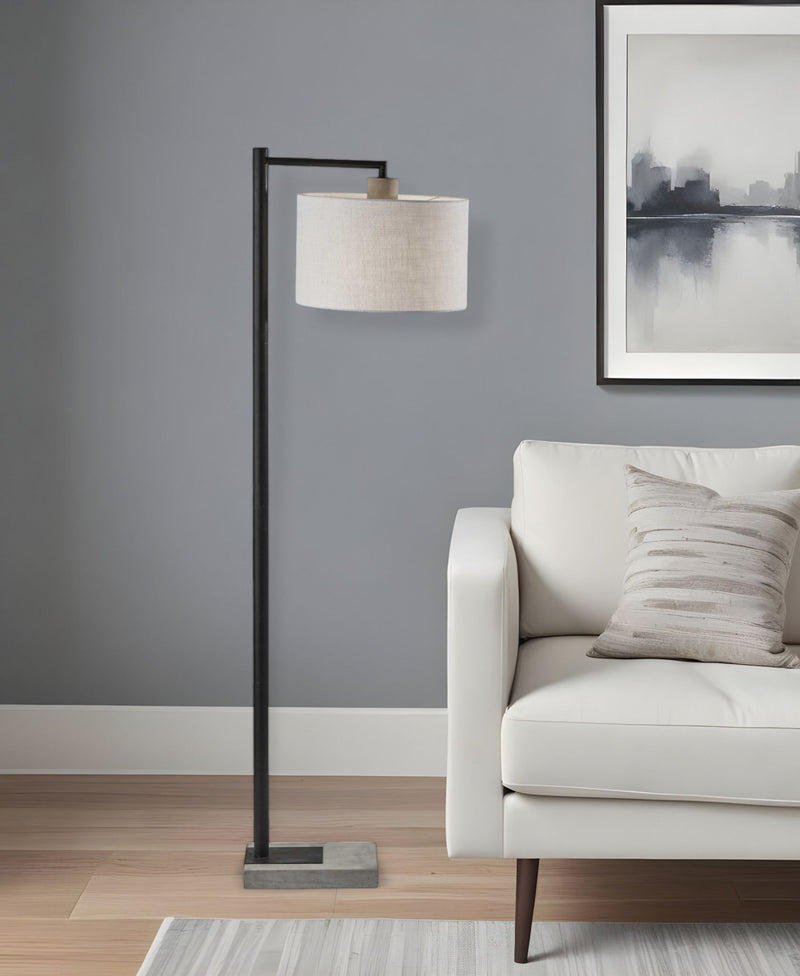 Arc Floor Lamp With White Fabric Drum Shade - Gray And Black