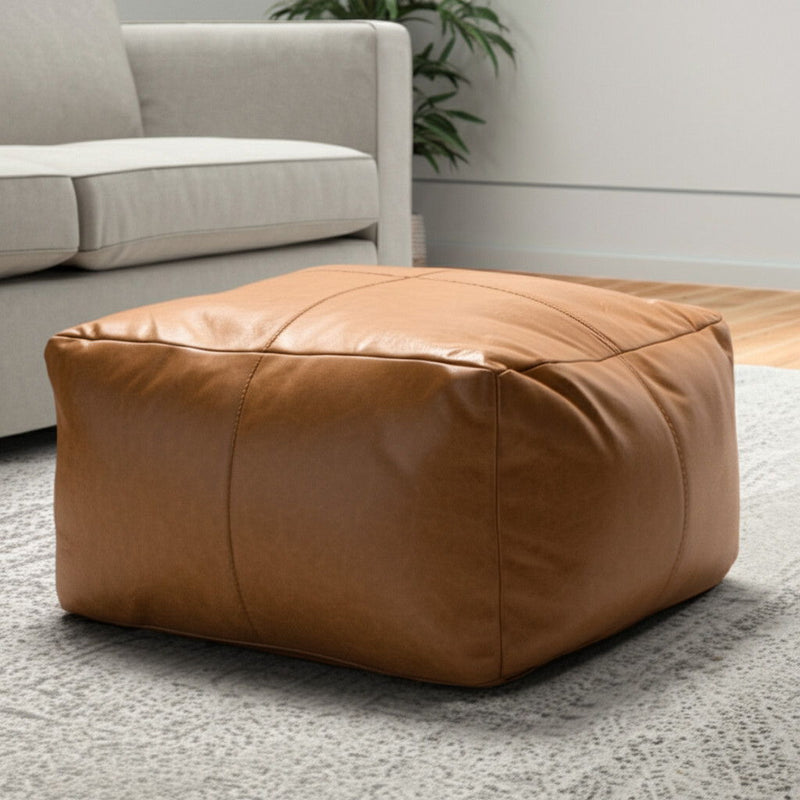 22" Genuine Leather Pouf Ottoman - Tan