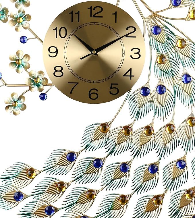 Silent Analog Peacock Novelty Wall Clock (626365) - Blue / Green / Gold