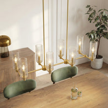 Load image into Gallery viewer, Willow - 8 Lights Island With Clear Ribbed Pendant Lamp Satin - Antique Brass / Clear / Gold
