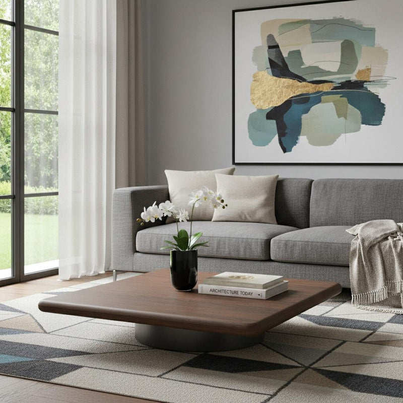 Wood Stainless Steel Square Pedestal Coffee Table (714607) - Brown / Silver