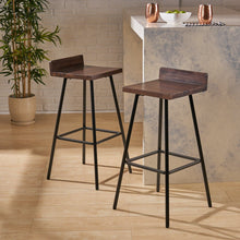Load image into Gallery viewer, Outdoor Bar Stool With Low Backrests And Wood Seats (Set of 2) - Dark Brown / Black
