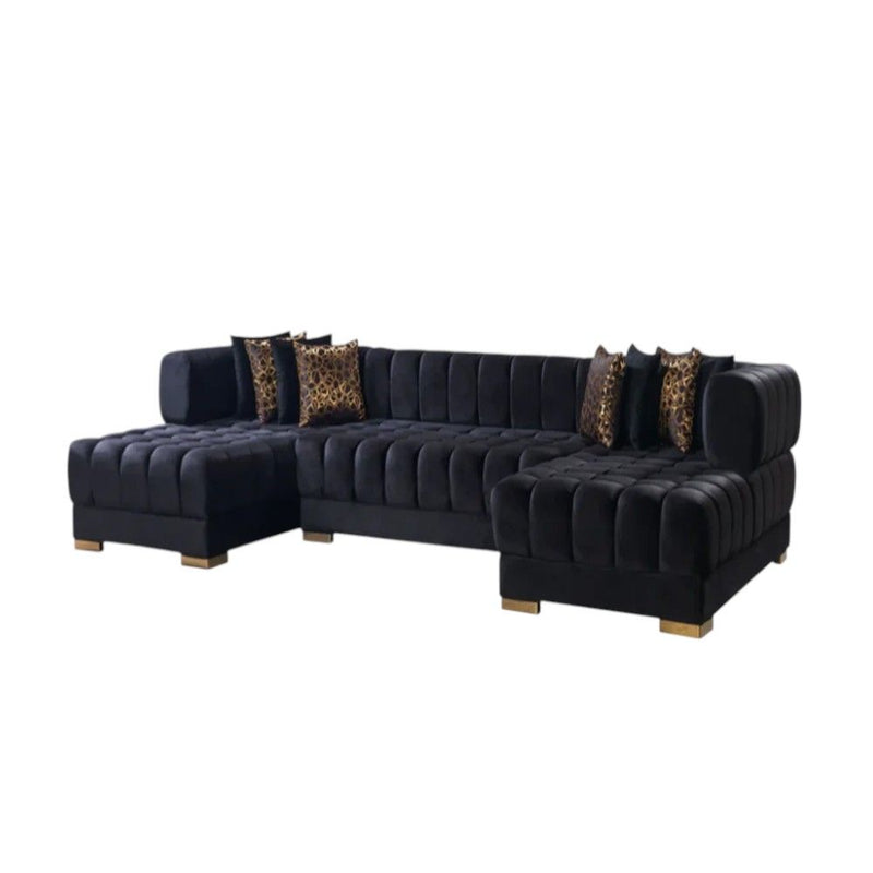 Velvet Three Piece Sofa Chaise Sectional With Toss Pillows - Black