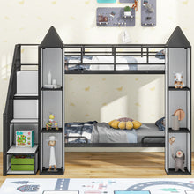 Load image into Gallery viewer, Metal Twin over Twin Castle-shaped Bunk Bed with Wardrobe and Multiple Storage, Black+White
