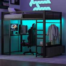 Load image into Gallery viewer, Full Size Gaming Loft Bed With LED Desk, Open Wardrobe, 3 Linen Storage Drawers - Black
