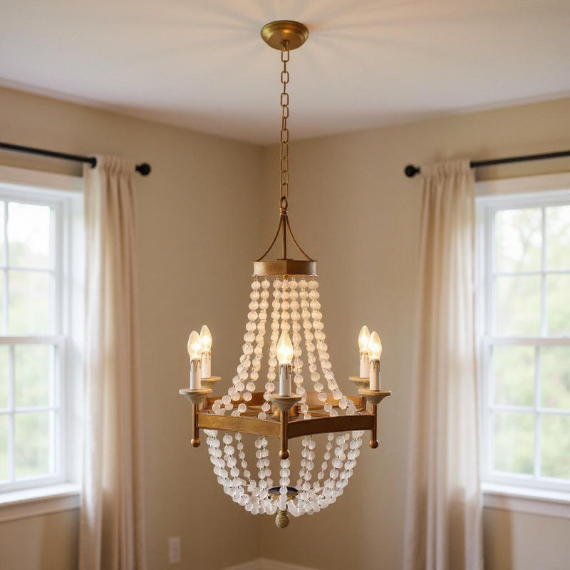 Candle Style Six Light Metal Frosted Glass Chandelier - Gold / White
