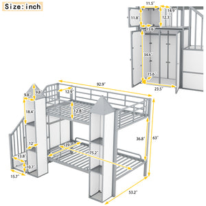 Metal Twin over Twin Castle-shaped Bunk Bed with Wardrobe and Multiple Storage, Gray+White