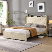 Load image into Gallery viewer, Queen Size Bed Frame with 2 Storage Drawers, Upholstered Bed Frame with Wingback Headboard Storage Shelf Built-in  USB Charging Stations and Strong Wood Slats Support, No Box Spring Needed, Beige
