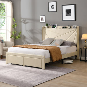 Queen Size Bed Frame with 2 Storage Drawers, Upholstered Bed Frame with Wingback Headboard Storage Shelf Built-in  USB Charging Stations and Strong Wood Slats Support, No Box Spring Needed, Beige