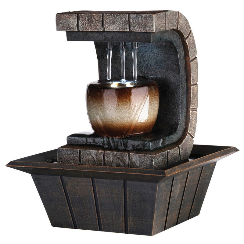Textured Poly Tabletop Fountain With LED Light - Brown