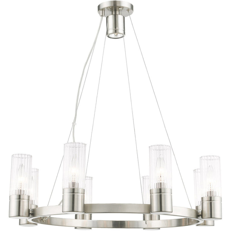 20" Eight Light Metal Dimmable Chandelier With Shades - Nickel / Clear