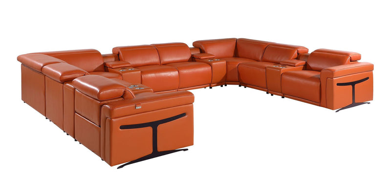 Italian Leather Power Reclining U Shaped Twelve Piece Sectional With Console - Camel