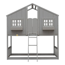 Load image into Gallery viewer, Twin over Twin House Bunk Bed with Roof , Window, Window  Box, Door , with Safety Guardrails and Ladder, Grey
