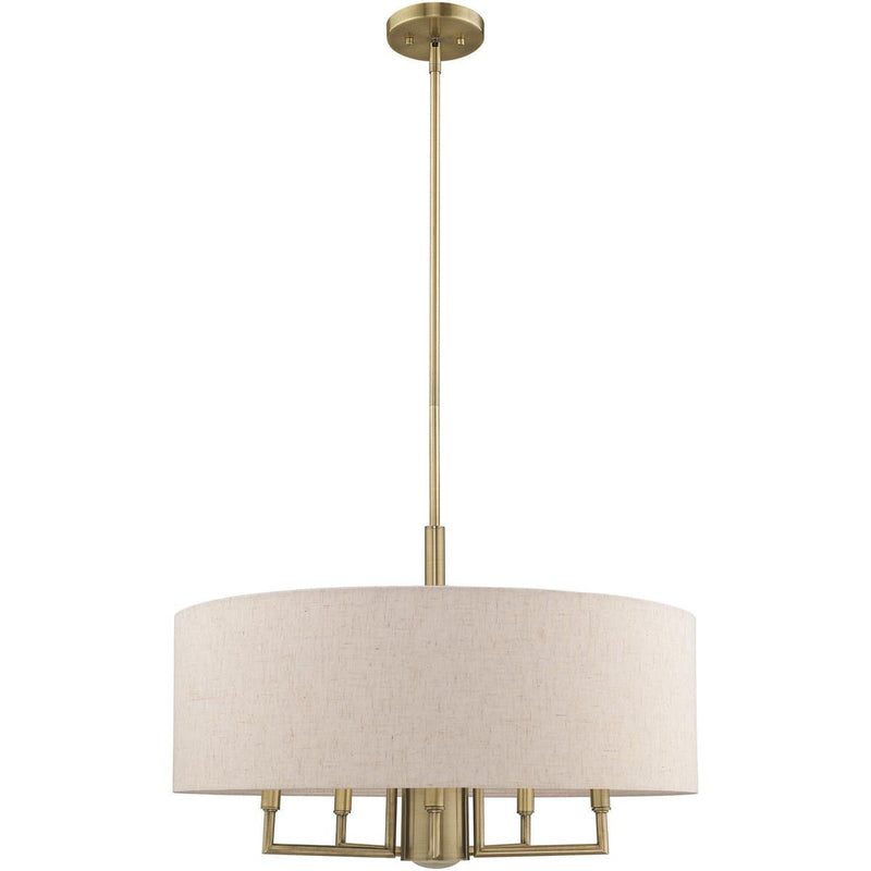 25" Six Light Dimmable Chandelier With Shades - Antiqued Brass