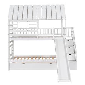 Twin over Twin House Bunk Bed with Trundle and Slide, Storage Staircase, Roof and Window Design, White(Old SKU: GX000931AAK)