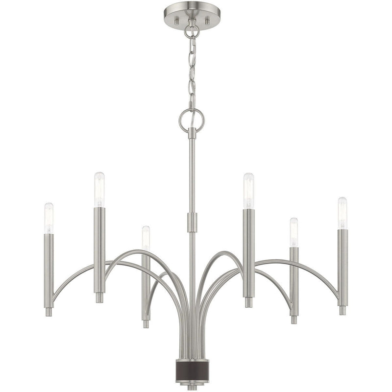 24" Six Light Dimmable Chandelier With Shades - Nickel / Pearl Silver