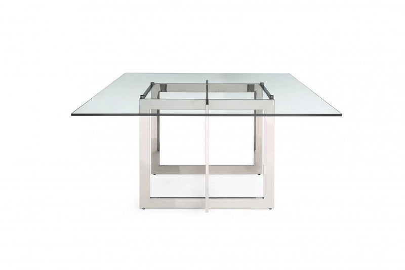 59" Square Glass And Stainless Steel Pedestal Base Dining Table - Clear