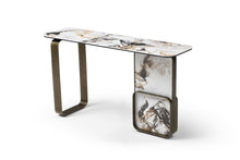 Load image into Gallery viewer, Ceramic Tile Metal Double Pedestal Console Table - White / Bronze
