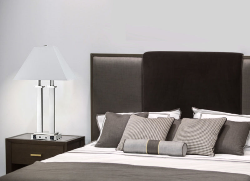 Metal Two Light Desk USB Table Lamp With White Novelty Shade - Nickel