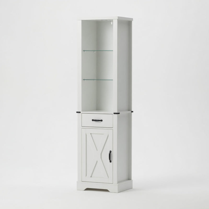 Pantry Cabinet With LED Lights And Barn Door With Tempered Glass Shelves - White