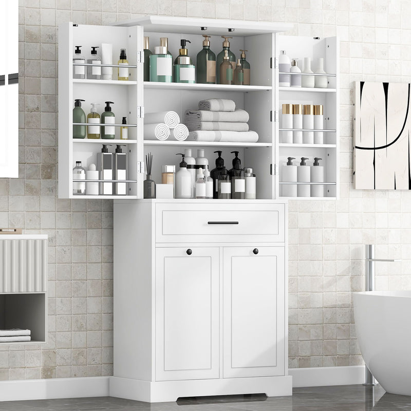 Freestanding Bathroom Storage Cabinet With Doors, Drawers, And Tilt Out Laundry Hamper - White