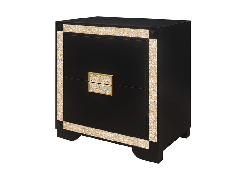 26" Two Drawer Faux Crystal Bling Wood Nightstand - Black And Gold