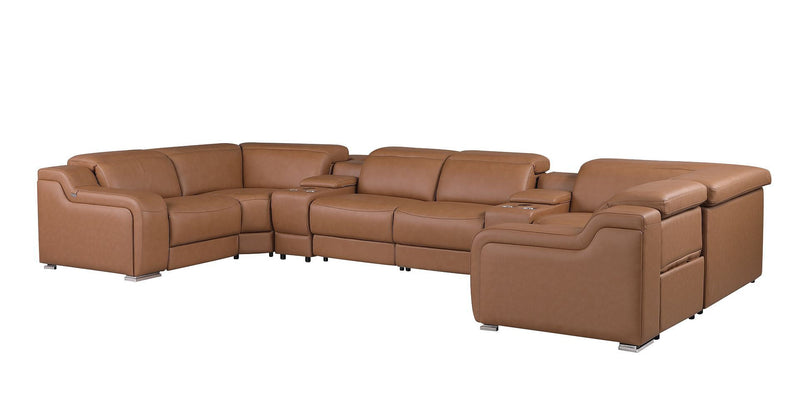 Italian Leather Power Reclining U-Shaped Eight Piece Corner Sectional With Console - Chestnut