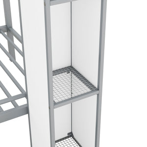 Metal Twin over Twin Castle-shaped Bunk Bed with Wardrobe and Multiple Storage, Gray+White