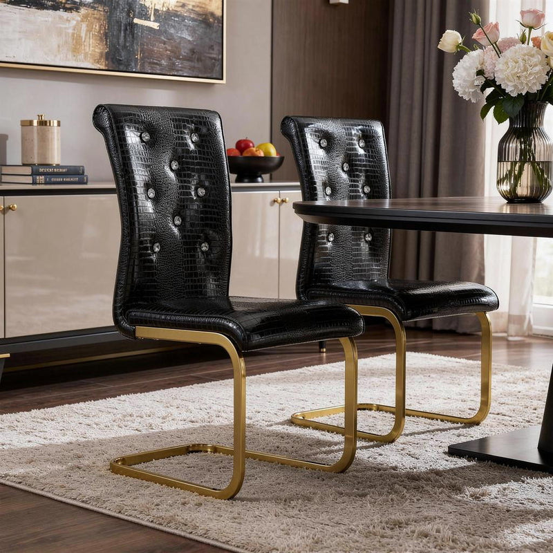 Faux Leather Metal Dining Side Chairs (Set of 2) - Black / Gold