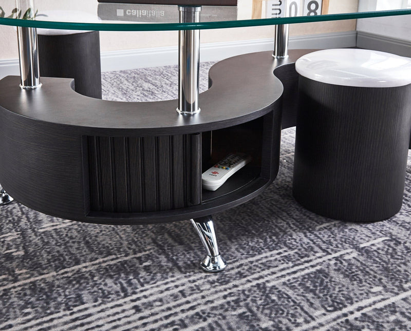 Unfinished Mirrored Glass Wood Stainless Steel Oval Coffee Table - Black