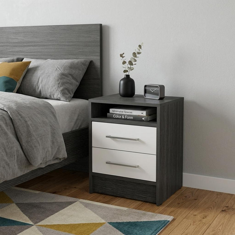 Wood Two Drawer Nightstand - Dark Gray And White