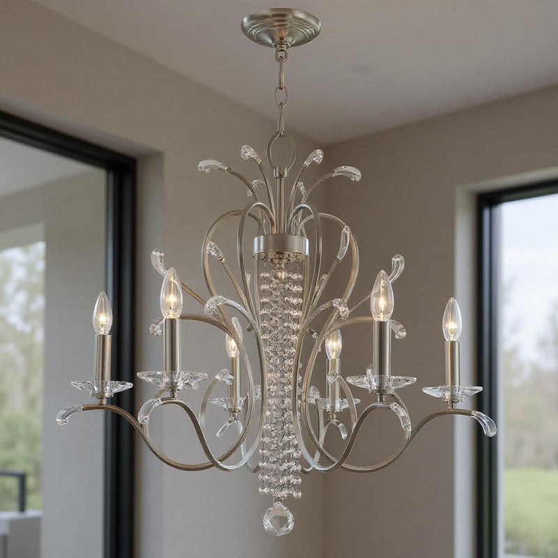 26" Six Light Dimmable Chandelier With Shades - Nickel