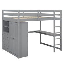 Load image into Gallery viewer, Wood Full Size Loft Bed with Built-in Wardrobe, Desk, Storage Shelves and Drawers, Gray
