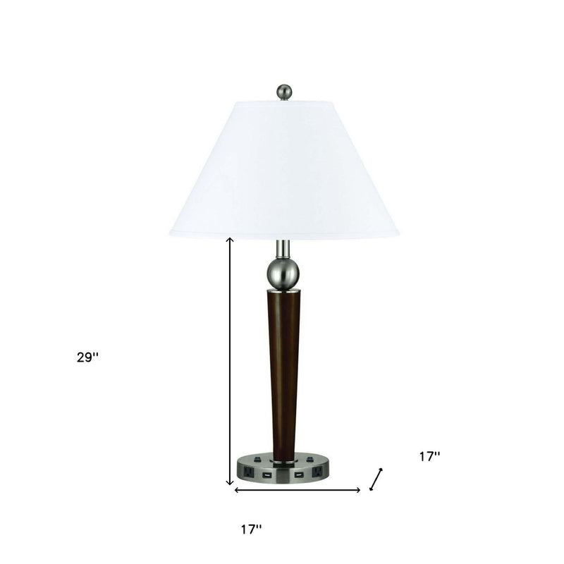 Metal Two Light Geometric USB Table Lamp With White Empire Shade - Nickel