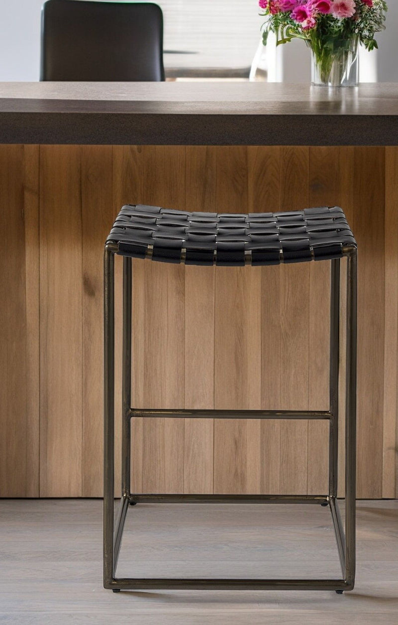 Leather And Iron Backless Bar Chair - Black / Brown