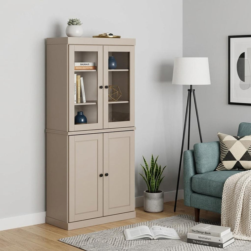 Solid Wood Adjustable Six Tier Library Bookcase With Four Doors (751523) - Beige