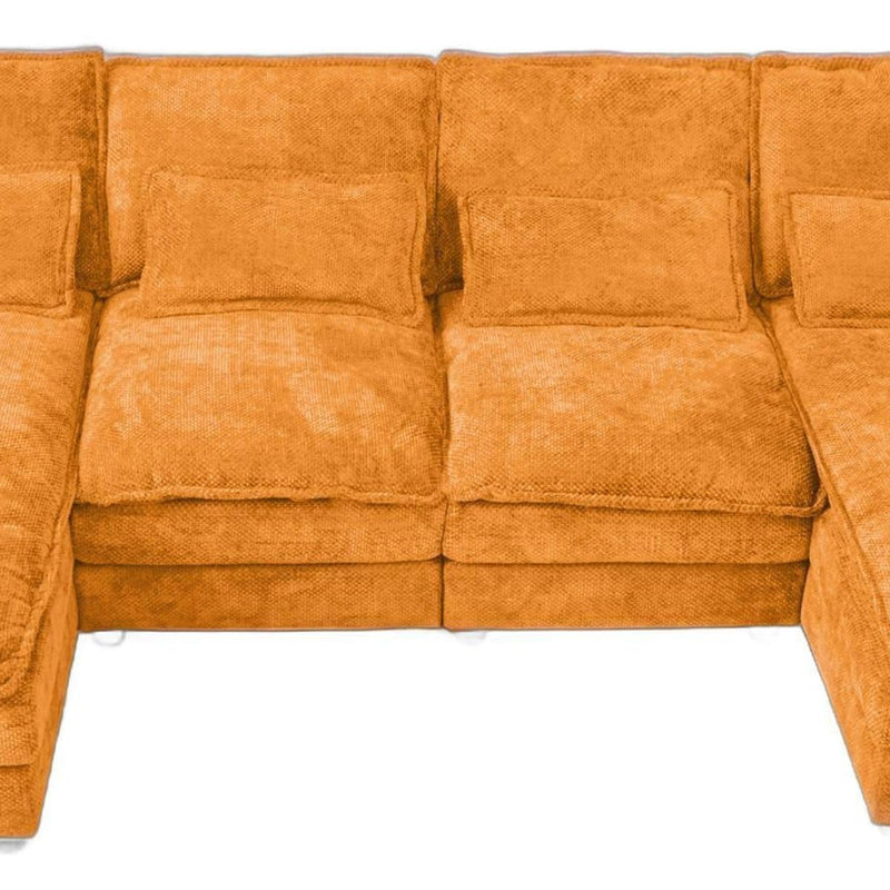 Chenille Modular U Shaped Four Piece Sofa And Chaise Sectional With Console And Toss Pillows - Orange