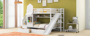 Twin-Over-Twin Castle Style Bunk Bed with 2 Drawers 3 Shelves and Slide - White