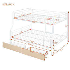 Full XL Over Queen Metal Bunk Bed with 2 Drawers, White