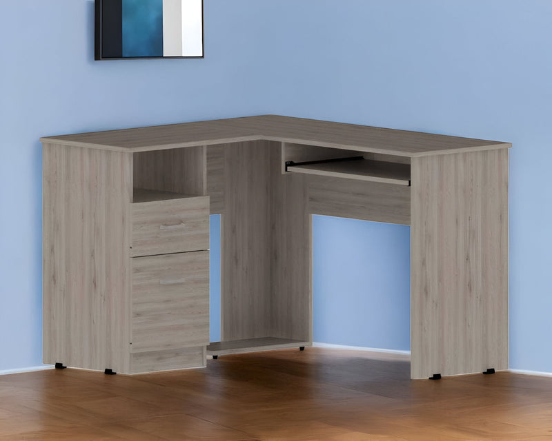 L Shape Computer Desk With Two Drawers - Light Gray