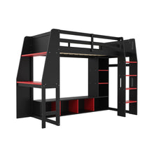 Load image into Gallery viewer, Gaming Loft Bed With Desk, Multi Storage Shelves, LED Lighting, And Hanging Clothes Rack
